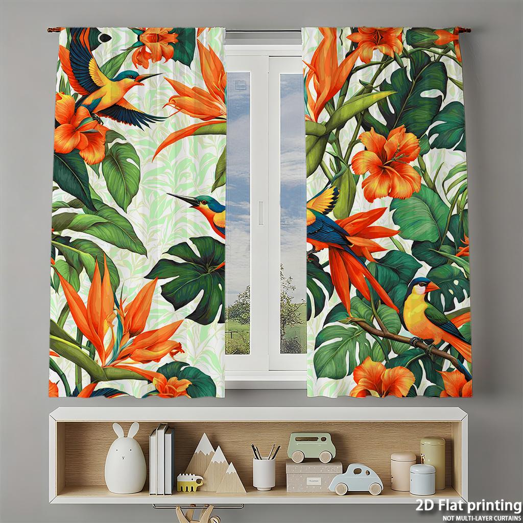 Piece Set High Definition Digital Printed Curtainstropicalfloralpatternbirdsorangegreenhome Decoration Style Curtain Made Of Polyester
