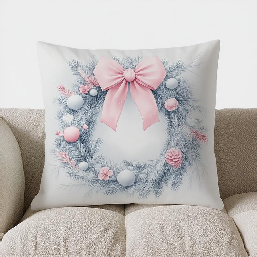 Home Decor Pink Christmas Bells And Pine Branch Pillow Pattern Cushion Cover Suitable For Sofa Bedroom Car Pillow Cover