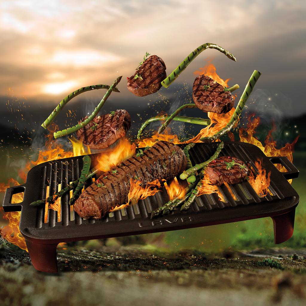Lava Cast Iron Rectangle Barbecue Grill. Dual Handle, 36X45cm.