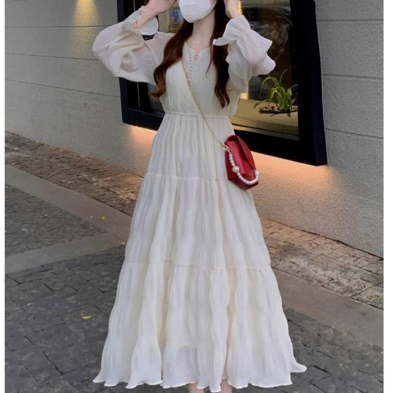Vestido de praia branco feminino, primavera e outono, plissado, cintura, manga comprida, chiffon