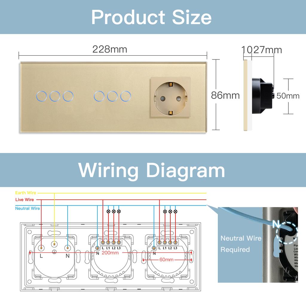 BSEED  Wifi Double 1/2/3Gang Touch Switches Smart Life Alexa Control Plus Normal Wall Power Socket EU Standard Glass Panel 228mm