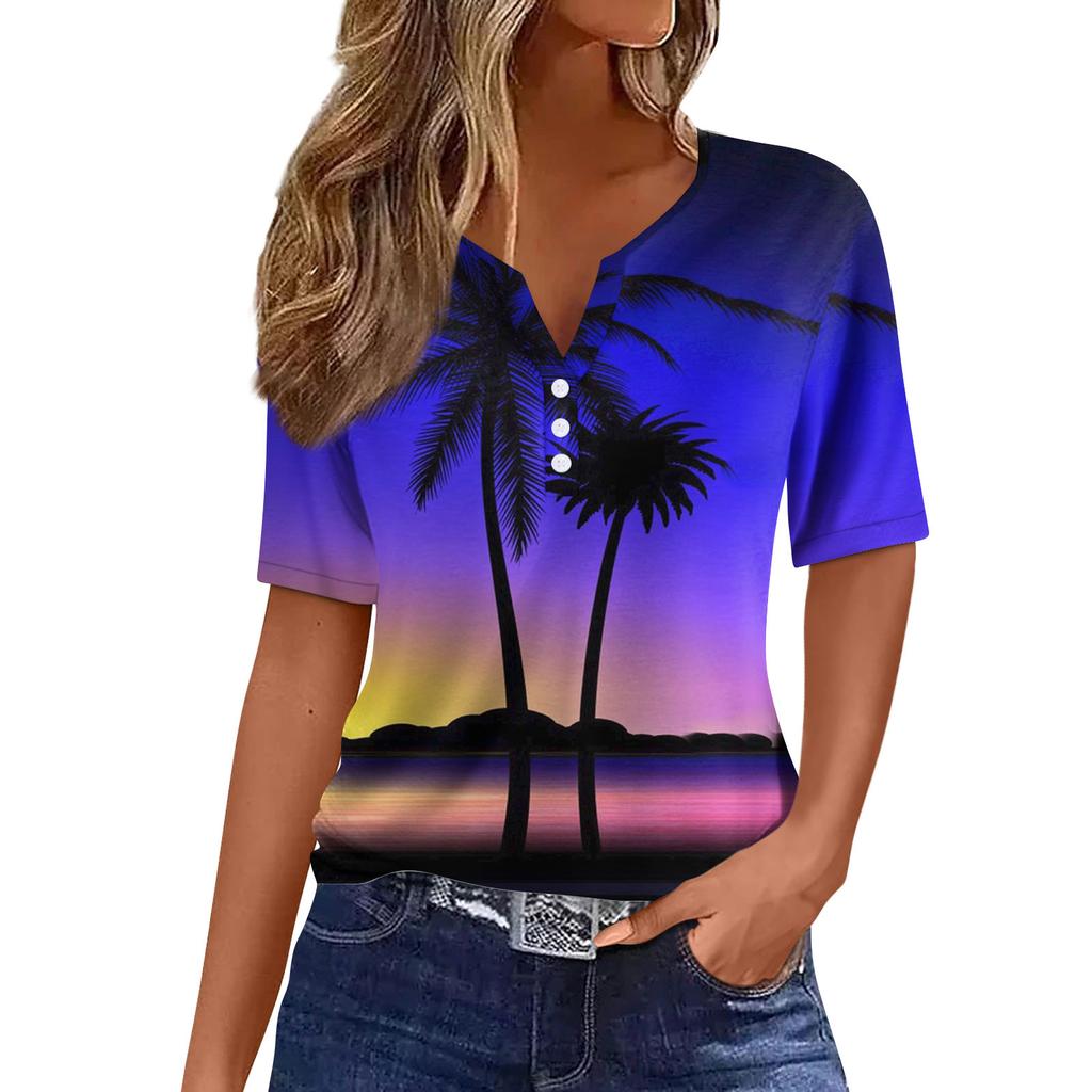 Damen Casual Hawaiianisch Bedrucktes V-Ausschnitt Kurzarm Zierknopf T-Shirt Top