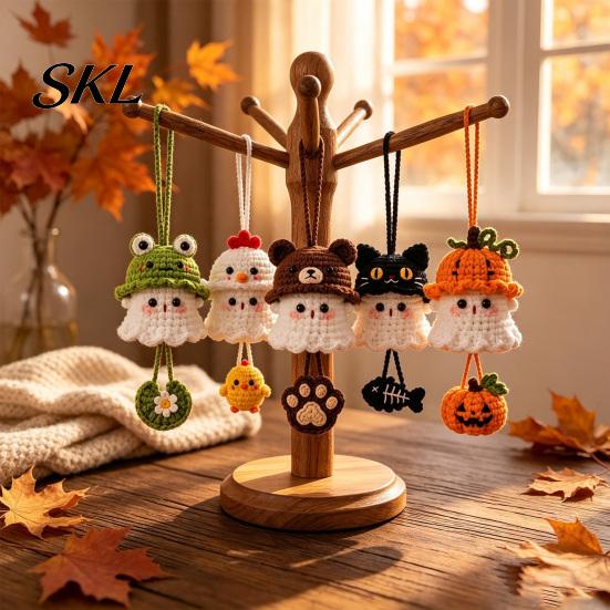 Crochet Ghost Hanging Decor Halloween Decoration, Handmade Ornament for Car Backpack Charms Rearview Mirror, Knit Yarn Pendant Holiday Hand Woven