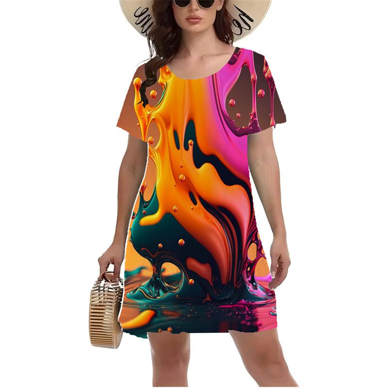3D Blue Starry Sky Planet Meteor Pattern Print Dress Women Summer Short Sleeve Round Neck Casual A-Line Dress Vestidos De Mujer