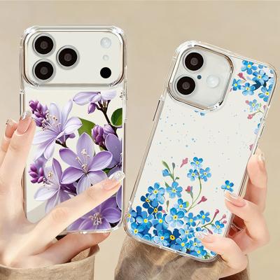 Blue Purple Flower Pattern Case For iPhone 17 Pro Max Plating Lens Frame Clear Soft Cover For iPhone 16 15 14 13 Pro Max 11 16E 17E