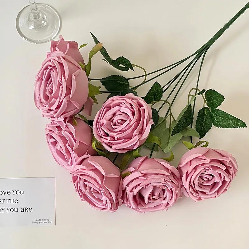 7 Heads Rose Artificial Wedding Home Decoration Brushed Cloth Simulation Rose Bouquet Home Hotel Decoration Fake Flowers