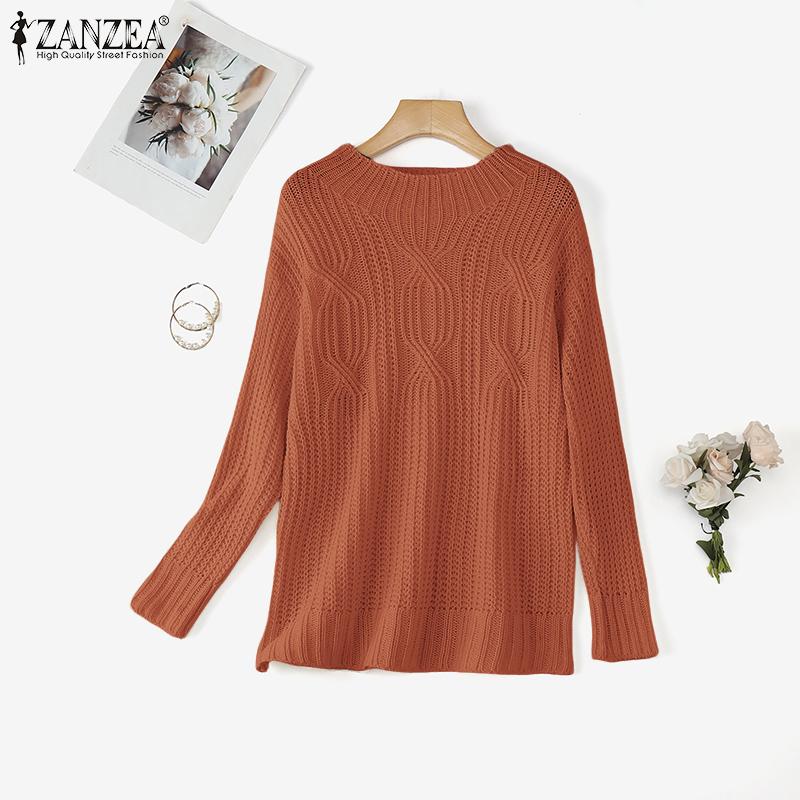 ZANZEA Women Autumn Mockneck Long Sleeve Knitted Pullover Jumpers Sweaters