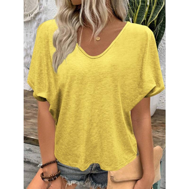 Women Summer New Ruched Loose Casual Multicolor V Neck Short Sleeve Basic T Shirt S жёлтый