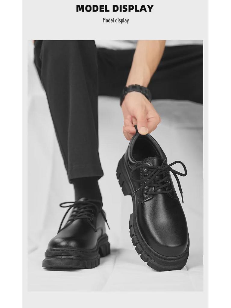 Men's Black Lace-Up Leather Shoes: Casual, Formal, Height-Boosting, Round Toe