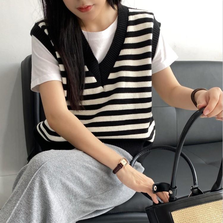 

Женский винтажный свободный полосатый вязаный жилет Y2K, корейская осенне-зимняя одежда, холодная блузка с v-образным вырезом, топы, уличная одежда, пуловеры для женщин