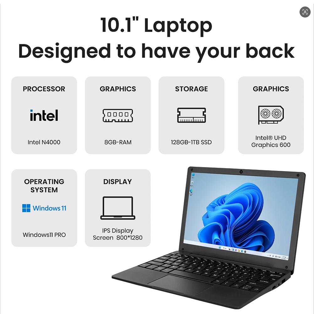 10.1 Inch Computer Laptops Quad Celeron N4020 8GB+128GB Netbook Windows11 Webcam Office
