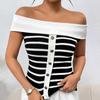 Women's Fashion Spliced Pullover Striped Off Shoulder Short Sleeve Sweater Top