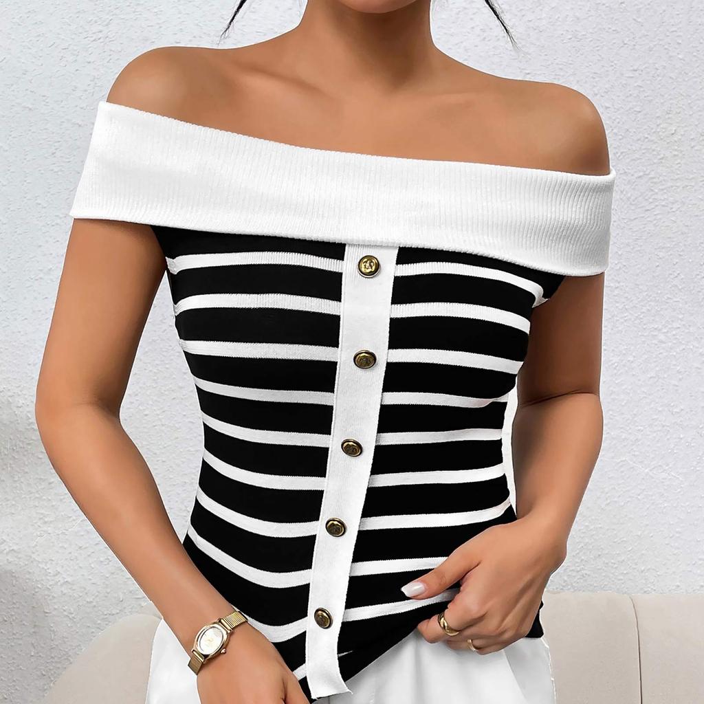 Women's Fashion Spliced Pullover Striped Off Shoulder Short Sleeve Sweater Top