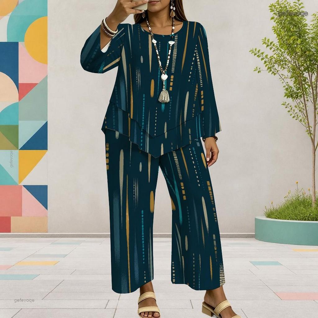 Women Plus Size Printed Round Neck Long Sleeve Layered Top Wide Leg Cropped Pants Two Piece Set