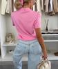 2025 Urban Casual Women's Lapel Solid Color Pocket Short Sleeve T-shirt