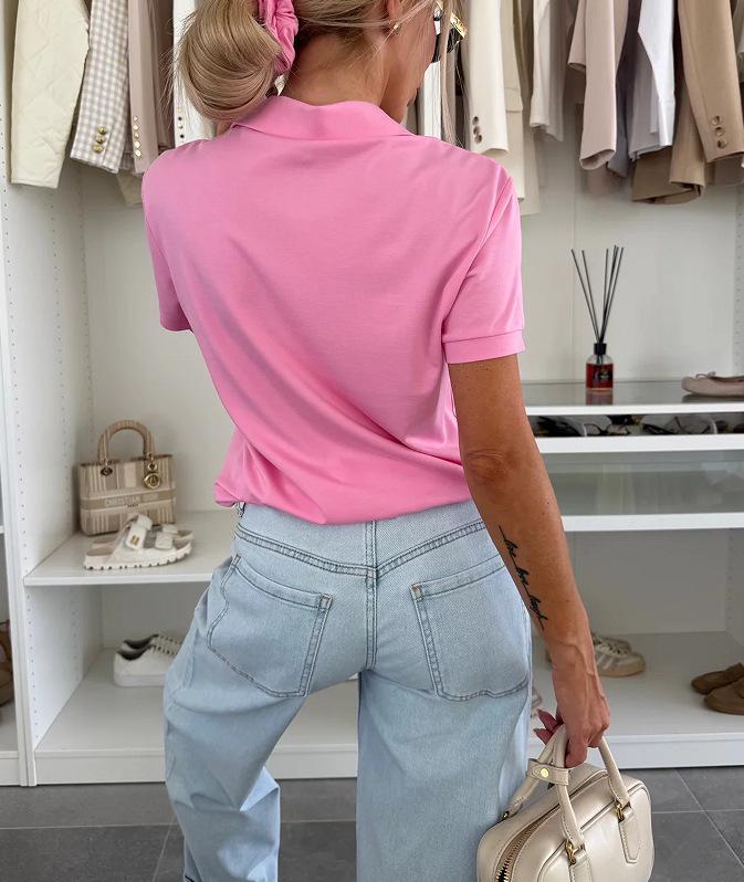 2025 Urban Casual Women's Lapel Solid Color Pocket Short Sleeve T-shirt