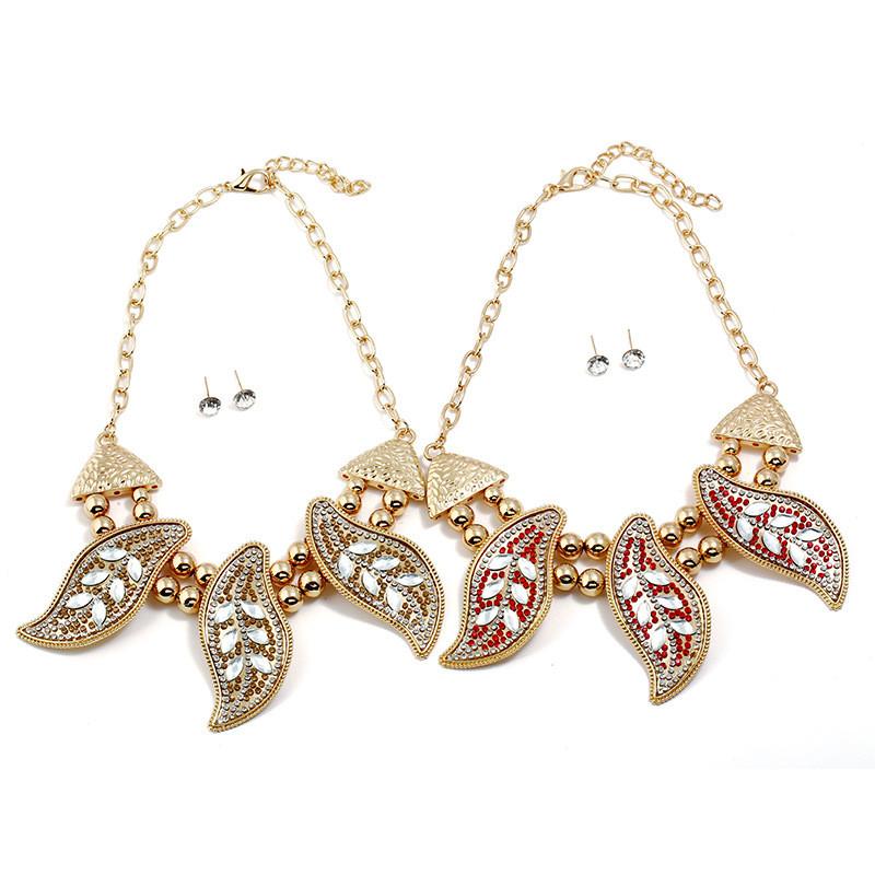 Leaf Necklace Vintage Set With Rhinestone Decor And Geometric Style For Women