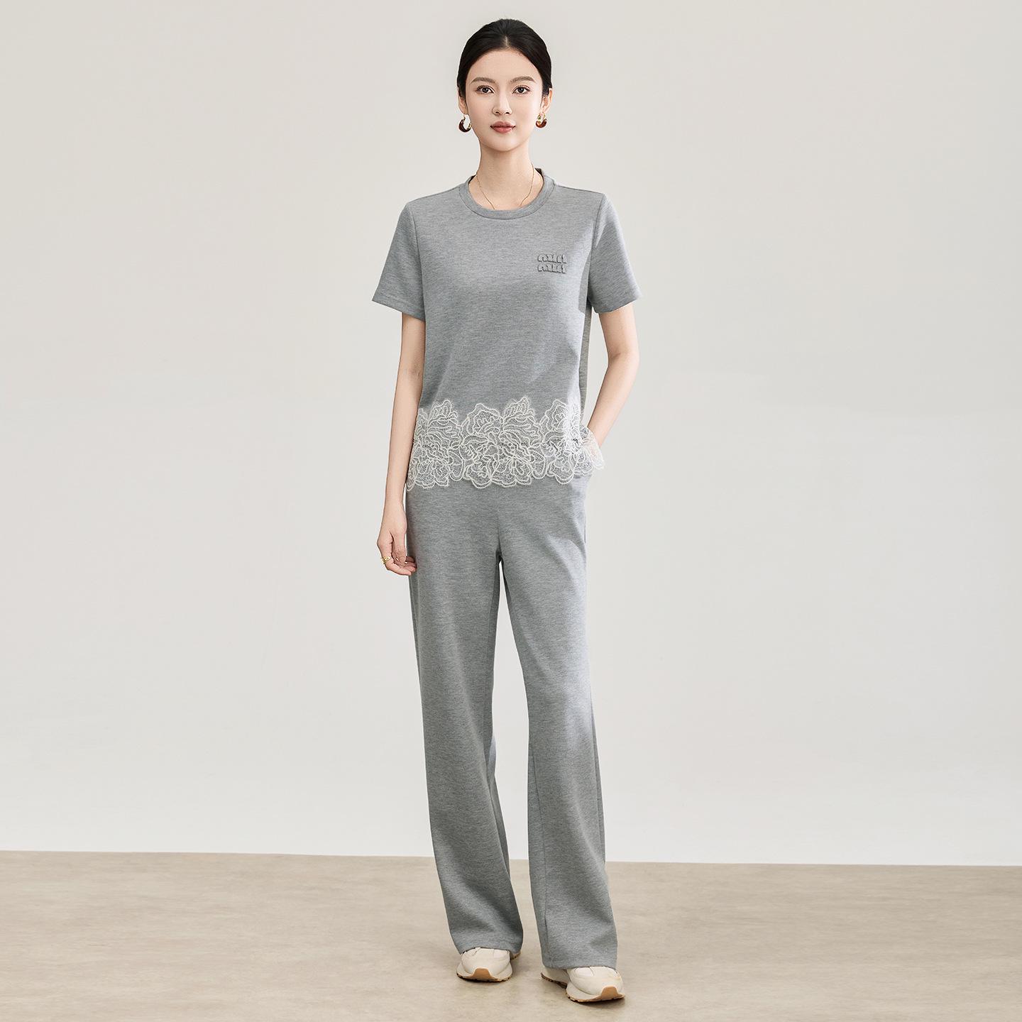 Women s Spring Lace Patchwork Top and Elastic Waist Pants Set Double XL серый