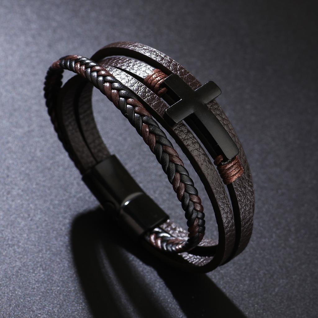 Men's Vintage Cross Leather Bracelet with Magnetic Clasp & Braided Design for Fashion Jewelry Gift
