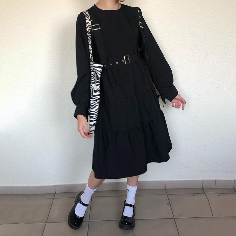 Japanese Sweet Lolita Dress Long-Sleeve Plus-Size High-Waisted Black Midi Dress Tummy-Control Pleated Swing A-line Skirt