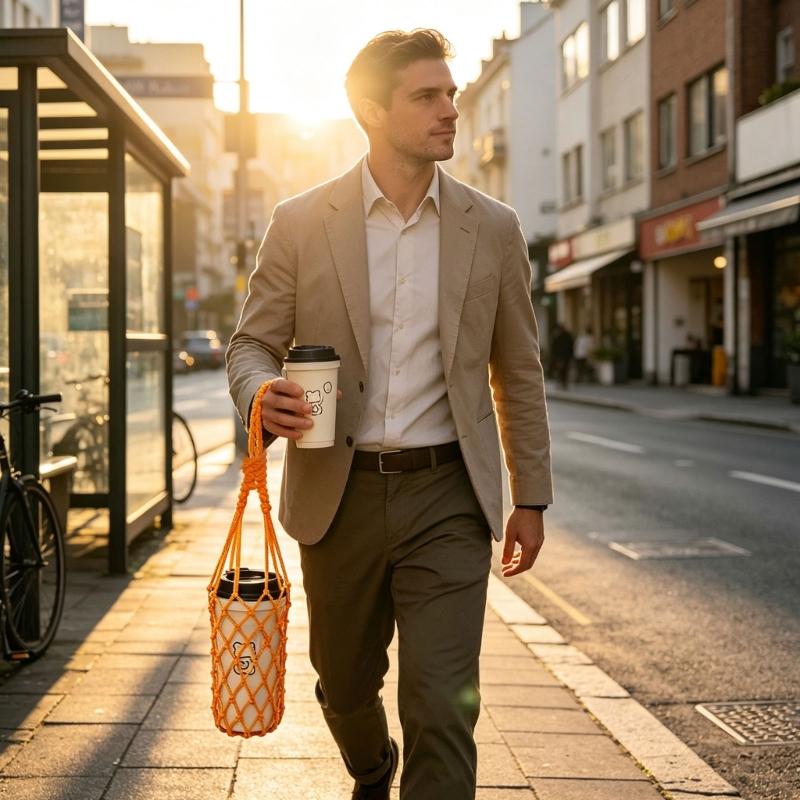 Portable Cup Wrap with Cord Pattern and Carry Handle, Light Outer Coverage for Takeaway Coffee and Desk Beverage Use