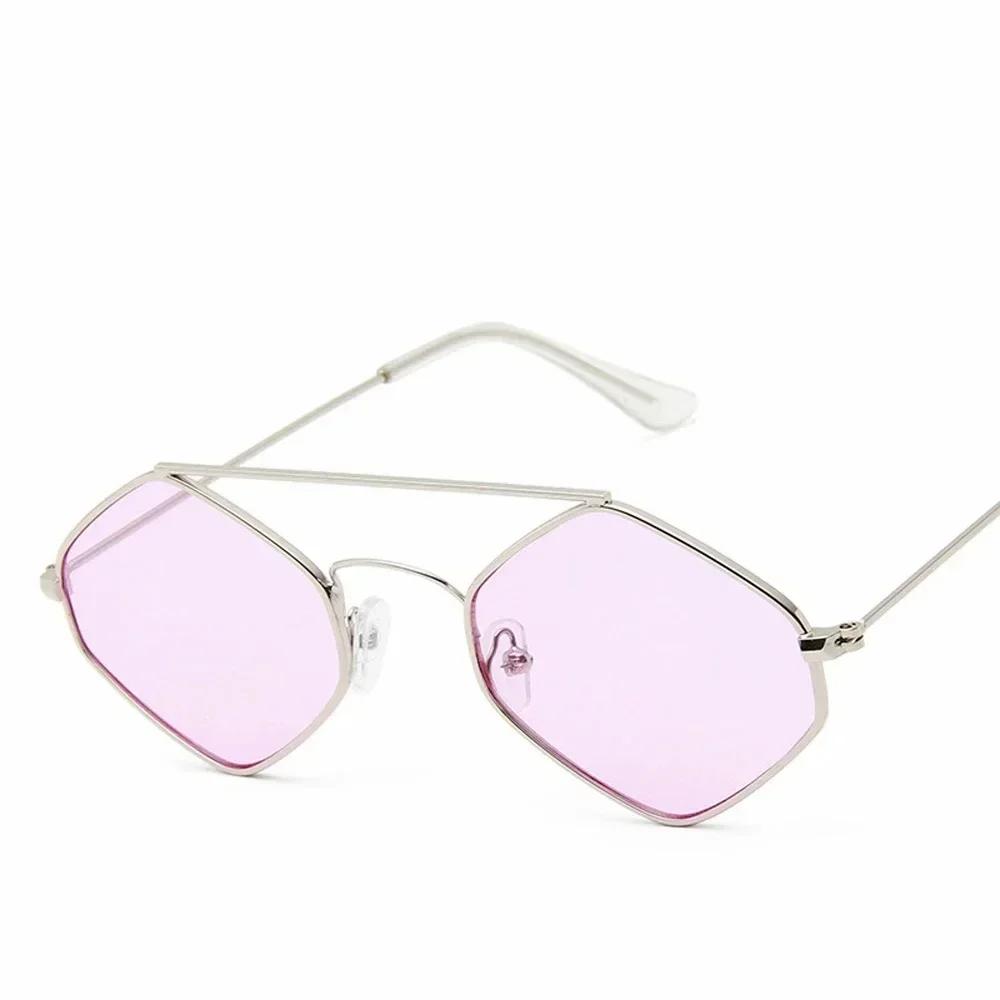 Vintage Polygonal Ocean Sunglasses For Women With Retro Metal Frame And Double Beam Design