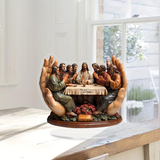 Christian Christmas Decor 2D Last Supper Acrylic Sign with Base Religious Christmas Ornaments for Desk Shelf Mantel Windowsill Table Home Holiday