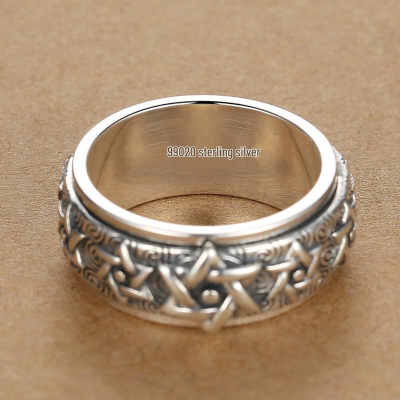 S925 Sterling Silver Rotatable Six-Pointed Star Wide Band Ring for Men - Retro Index Finger Design