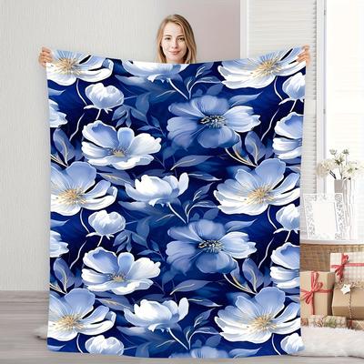 Large Blue and White Floral Flannel Blanket - Soft, Cozy, All-season Home Decor with an Elegant Floral Pattern, Perfect for Naps