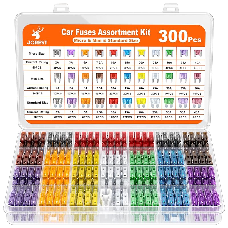 JOREST 300Pcs Car Fuse Assortment Kit, 160 Mini Blade Fuses Automotive + 90 Standard Auto Fuses + 50 Micro + Puller – Replacement for RV Camper