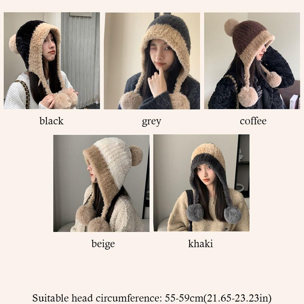 Windproof Coldproof Bonnet Caps Solid Color Ear Protection Cute Plush Hat  for Autumn Winter
