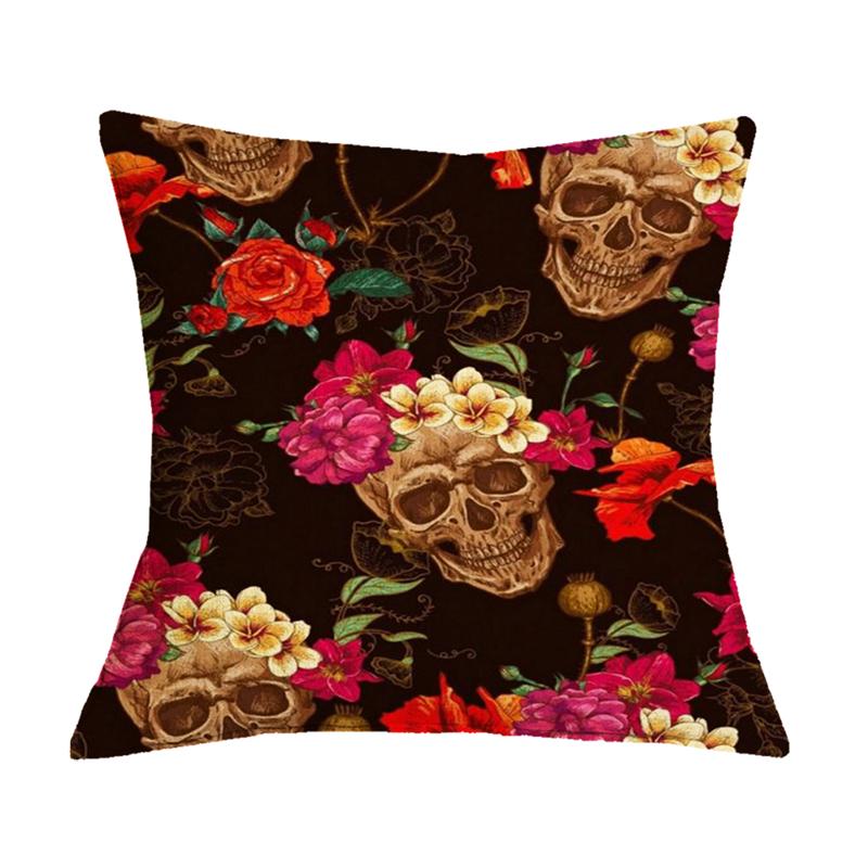 Undead Flower Skeleton Print Pattern Cushion Cover for Home Living Room Sofa Decoration Square Pillow Cover