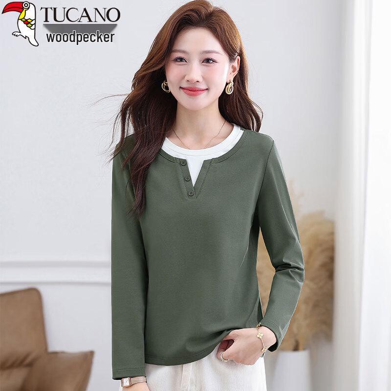 Woodpecker Women's Faux Two-Piece Henley Neck Long Sleeve T-Shirt