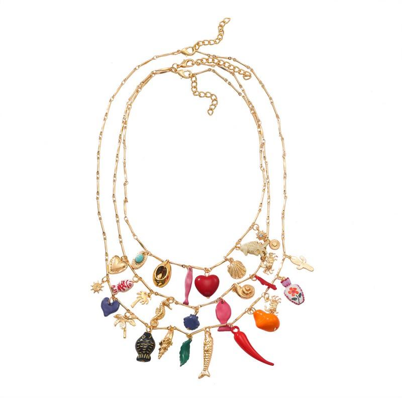 Layered Womens Necklace Set With Heart Sea Horse Chili Fruit Shell Motifs Zinc Alloy Fashion Accessory 3-piece set