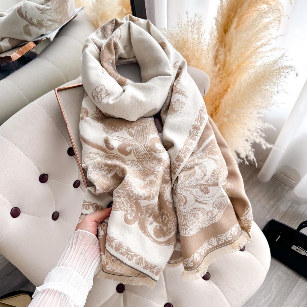 Autumn Winter Elegant Floral Design Scarf Imitation Cashmere Soft Warm Versatile Shawl Coldproof Windproof Blanket