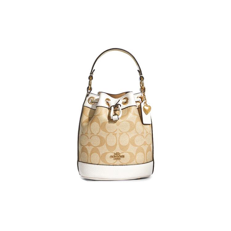 New COACH Dempsey Coated Canvas With Leather Bucket Bag, Shoulder Bag, Crossbody Bag, Handbag Trumpets Women's Khaki White C8069-IMDQC
