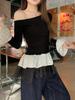 Women's Gray Slim-Fit Off-Shoulder Fur Collar Long-Sleeve Top for Autumn/Winter