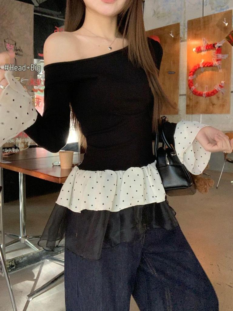 Women's Gray Slim-Fit Off-Shoulder Fur Collar Long-Sleeve Top for Autumn/Winter