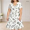 Women Plus Size Two Piece Dress Set V Neck Short Sleeve Leaf Printed Tie Front Strappy Flared Dress