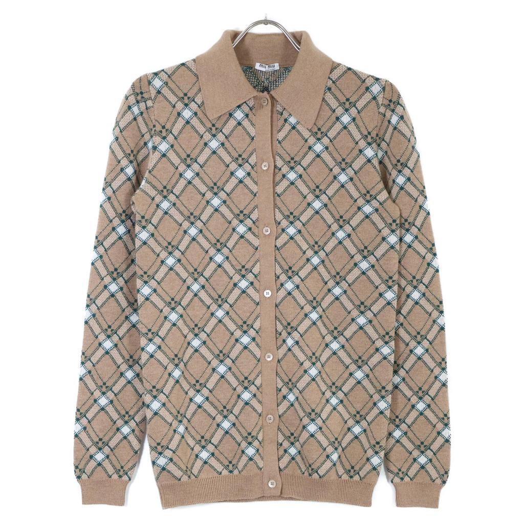 MIUMIU [Good condition/Domestic Regular Product] MMF316 1PW9 Check Knit Long Tops 40 BrownUsed