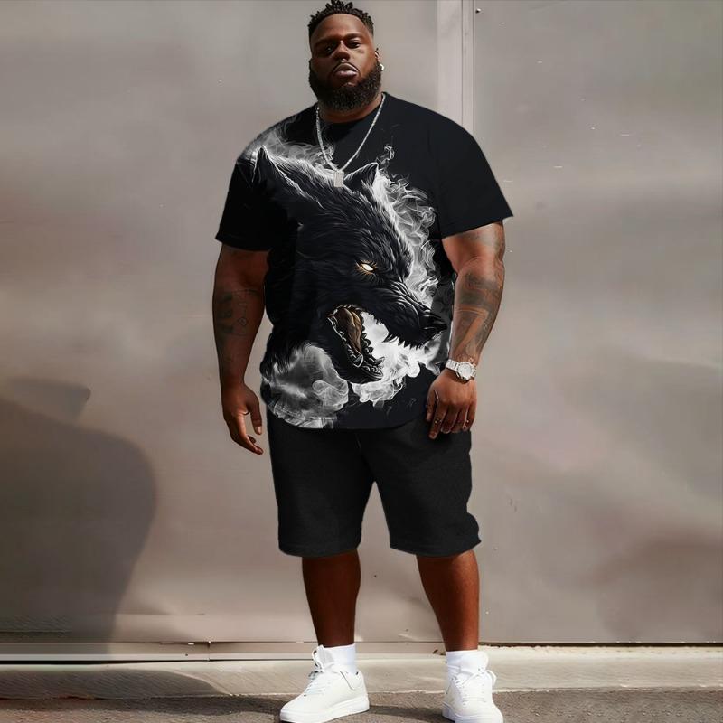 S-6XL Große Größen Herren Oversized Fit, Wolf, Mond & Flamme 3D-Druck T-Shirt & Shorts Set, Lässiges Streetwear Outfit
