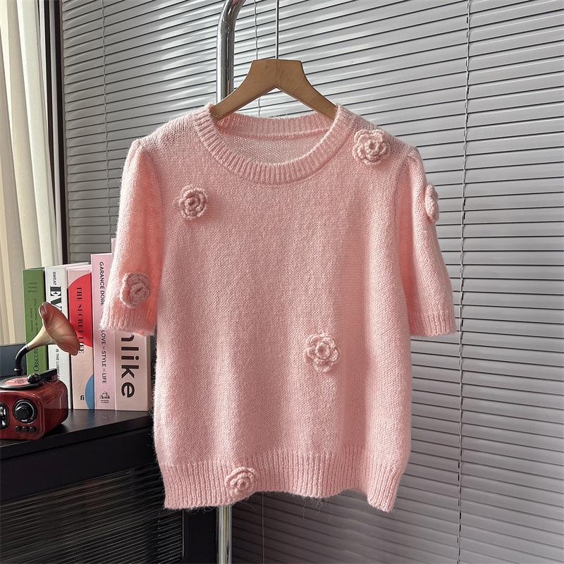 Fransk Søt Rund Hals Strikket Genser for Dame Høst og Vinter Slim Fit Genser Topp