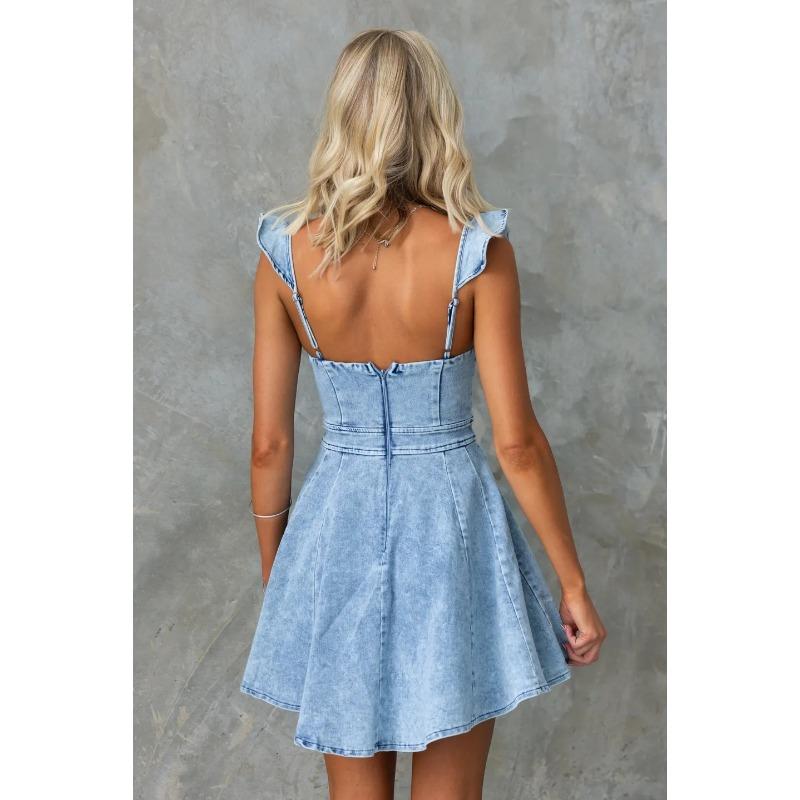 VEZFAA Women's Fashion Summer Spring Solid Color Print Sleeveless Suspenders High Waist Casual Dresses