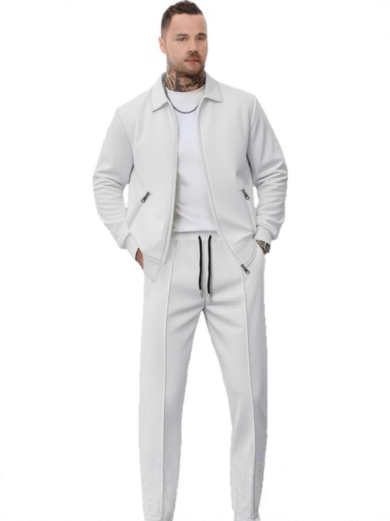 Men's Autumn Casual Sport Set: Slim Fit Zipper Lapel Jacket with Waffle Pocket & Pants