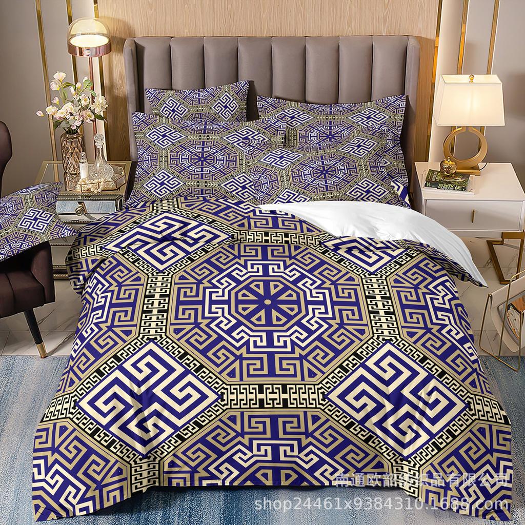 3D Printing Bronzing Retro Pattern Light Luxury Bedding Quilt Cover Three-Piece Set Fba M