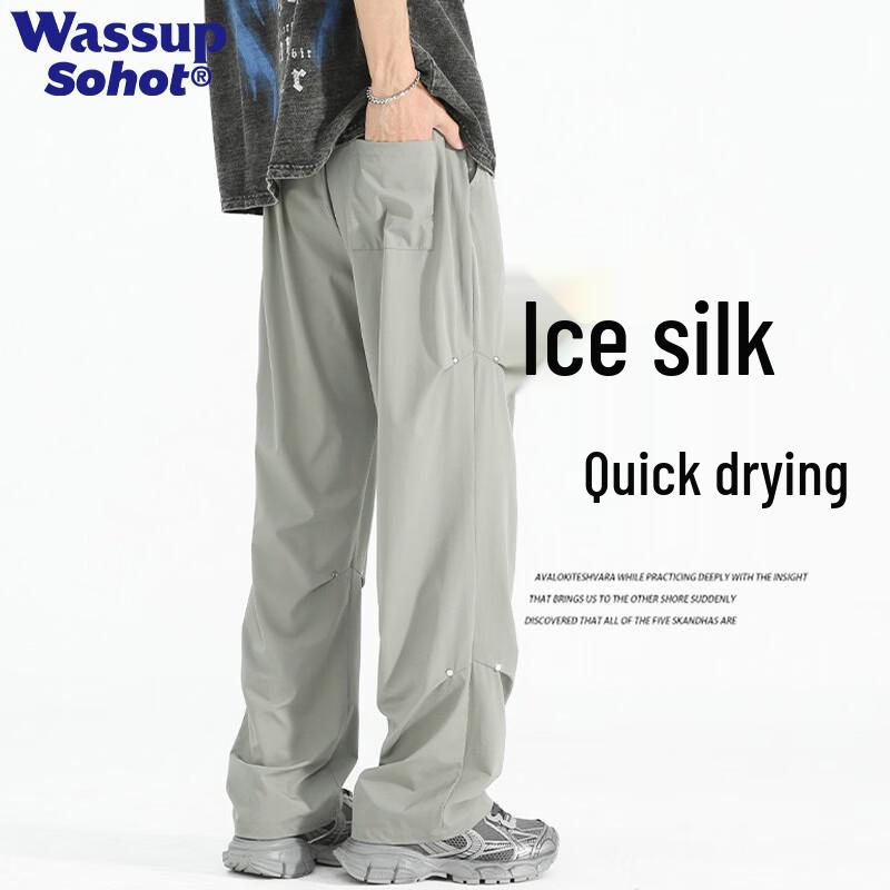 Wassup Sohot Men s American Rivet Ice Silk Quick Dry Straight Leg Cargo Casual Pants 3XL