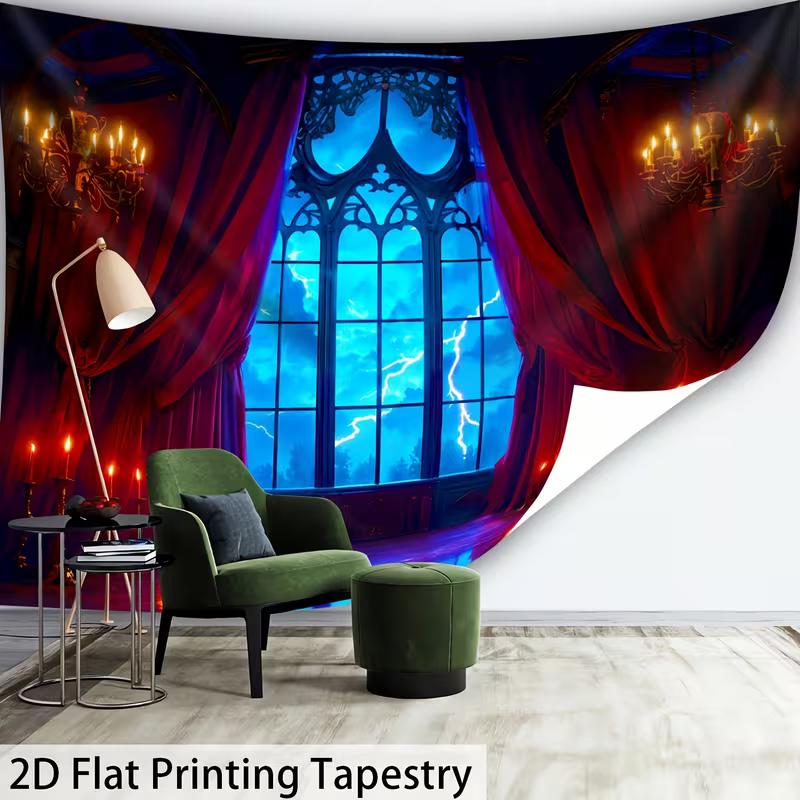 2D Dark Storm Night Tapestry Gothic Window Lightning Wall Background Cloth