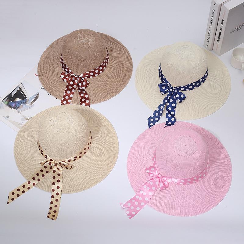 Summer new hat women's polka dot bow streamer straw hat travel beach hat big edge sun hat