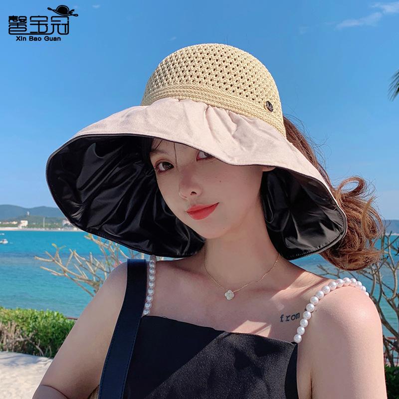 Summer can tie ponytail sunscreen hat women's new fashion foreign style sun hat trendy vinyl empty top bucket hat