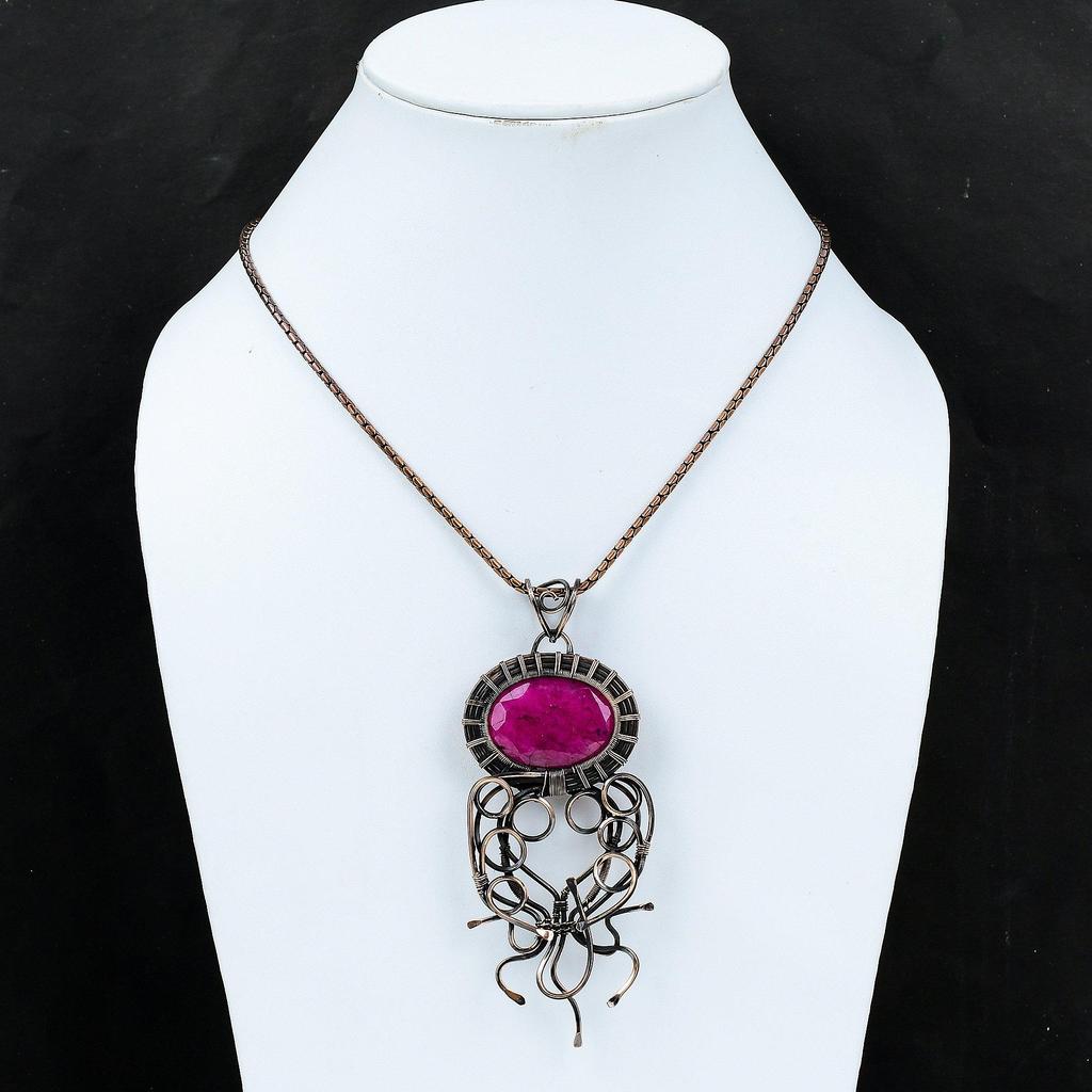Lab-Created Ruby Gemstone Copper Wire Wrap Handmade Designer Pendant Jewelry Gift For Love